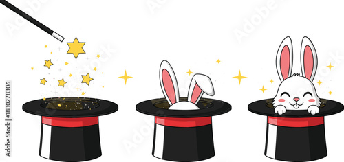 Magic rabbit appearing from magician hat set cute cartoon illusion concept flat vector illustration isolated