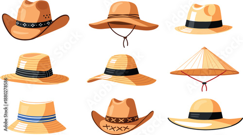 Straw hat collection set summer headwear styles flat cartoon vector illustration isolated on white background