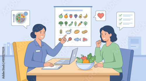 A nutritionist advises a woman on healthy eating habits, pointing at a food guide chart during a consultation.