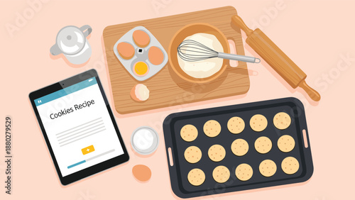 Top down view of a kitchen counter with a tablet showing a cookie recipe, fresh eggs, flour, and a baking tray full of cookies.