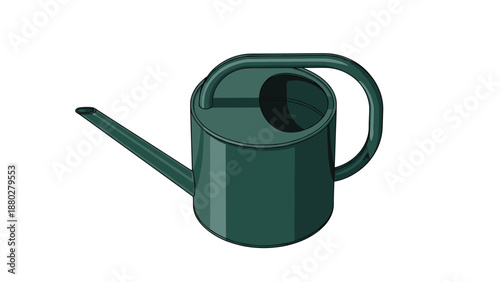 Single dark green metal watering can with a long spout stands alone on a white background, perfect for garden and plant care tasks.