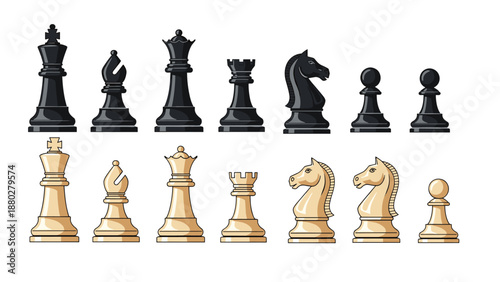 Complete set of black and white chess pieces arranged in two horizontal rows, symbolizing strategy, competition, and game tactics.