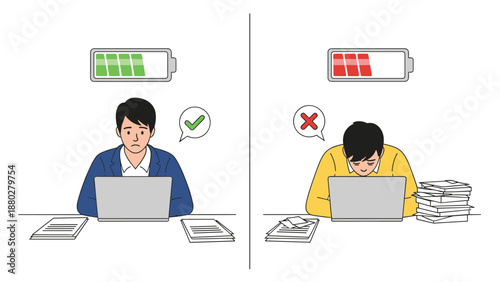 Comparison of two office workers shows a productive man with a full battery and an exhausted man with a low red battery icon.