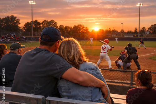 parents in stands at their son's baseball game in late afternoon.