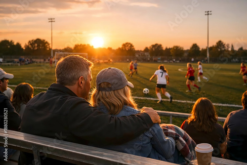 parents in stands at their daughters soccer game in late afternoon. 