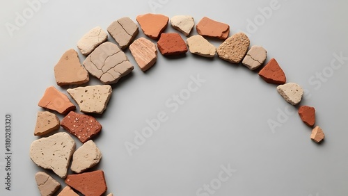 Earthen Fragments Forming a Semi-Circle Border on Soft Grey Surface