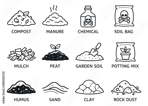 Hand drawn line art gardening materials set featuring various soil types, compost, and fertilizers for farming