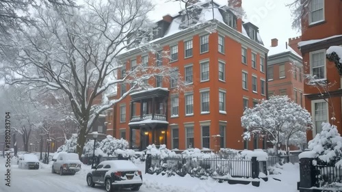 Historic red brick federal building in snowy urban setting
