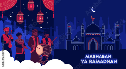 Vibrant illustration capturing the festive spirit of Ramadan, showcasing musicians and a serene mosque silhouette under a crescent moon.