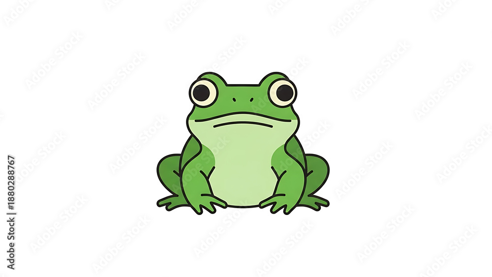 Obraz premium A cartoon frog is sitting on a transparent surface in a simple illustration style, Whisk concept, viewed from the front.