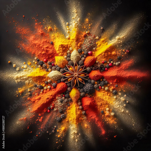Symmetrical Explosion of Colorful Spices and Star Anise