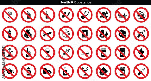 Collection of health and substance prohibition signs displayed in a grid for safety awareness messaging