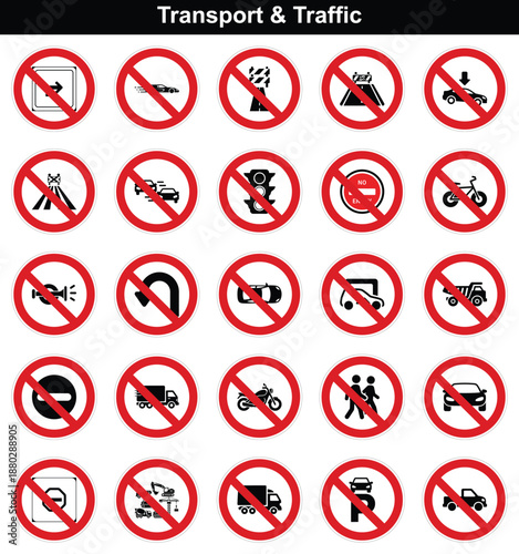 Prohibited transport and traffic signs displaying rules for road safety and adherence to regulations