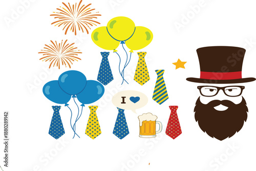 Festive party elements with balloons, fireworks, colorful neckties, beer mug and gentleman face for celebration and holiday design