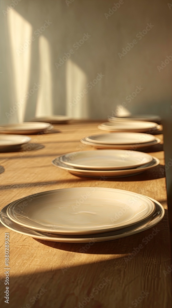 Obraz premium Plates on a wooden table with sunlight and shadows.