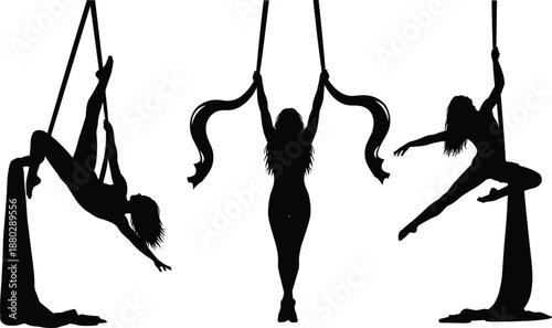 Aerial silk dancer silhouette illustration showing graceful female acrobat poses performing aerial yoga and circus art isolated on white background