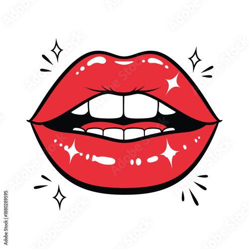 Valentines day red lips with white teeth and sparkles pop art style