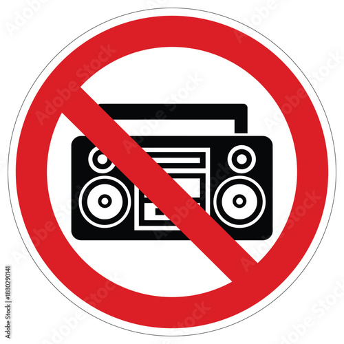 Circular prohibition sign featuring a boombox radio player, indicating a strict no loud music policy