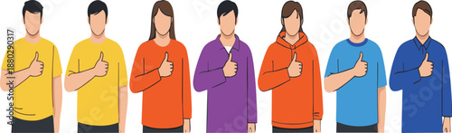 Flat illustration set of young men showing thumbs up approval gesture wearing colorful casual shirts in minimal vector style