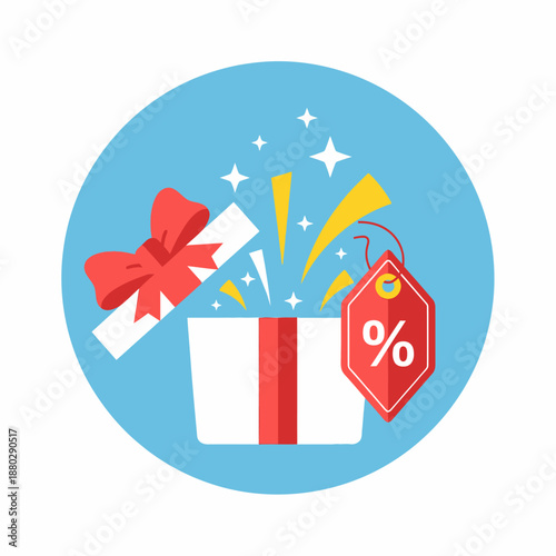 White Gift Box with Red Ribbon and Discount Tag.