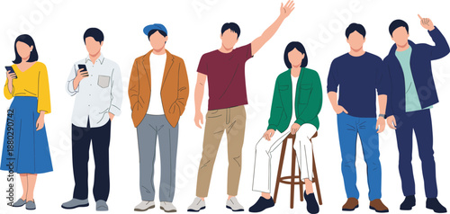 Flat style illustration set of diverse young men and women using smartphones, waving and sitting, modern people character collection