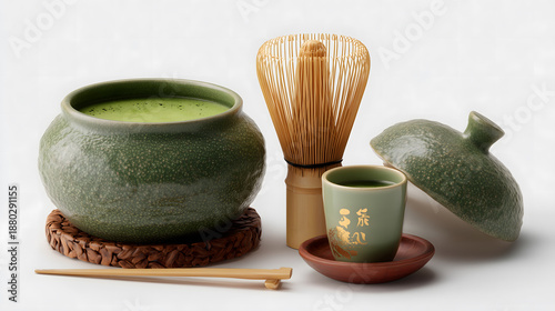  Fine green matcha powder; matcha in a cup,  bamboo whisk (chasen) and bamboo spoon (chashaku) placed neatly clear and empty for packaging; soft directional light.