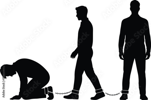 Prisoner and detainee silhouette illustration showing chained men in kneeling, walking, and standing positions representing arrest, captivity, justice system, and human rights concept