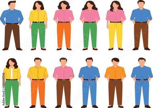 Flat vector illustration set of men and women characters wearing colorful casual outfits standing in different poses isolated