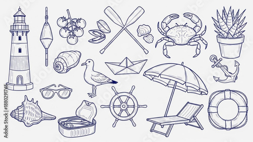 Nautical and Beach Themed Objects Collection of Illustrations for Summer Vibes and Coastal Decor Inspiration