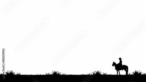 Silhouette of cowboy on horseback in serene natural landscape