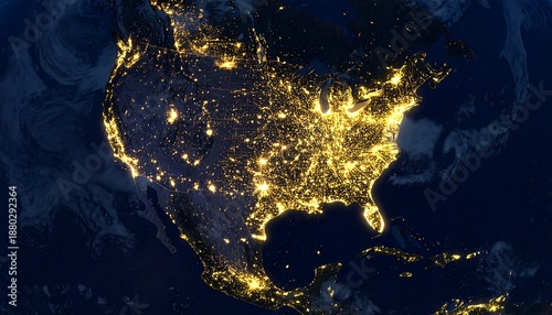 Nighttime view of North America with illuminated cities and dark oceans from space