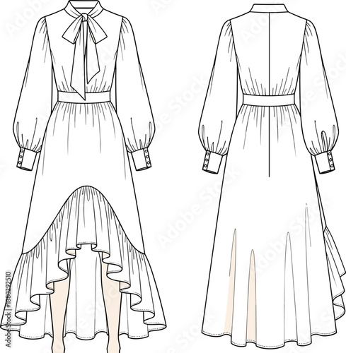 Technical fashion illustration of a long sleeve dress with bow collar waist belt and high low ruffled hemline in front and back views