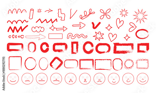 a collection of red icons and symbols on a white background