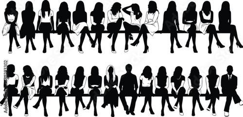 Diverse collection of black and white silhouettes featuring rows of people sitting on benches including men and women in various casual and formal poses