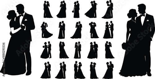 Collection of romantic wedding couple silhouettes featuring bride and groom in various formal poses for marriage invitations anniversary cards and elegant bridal decor