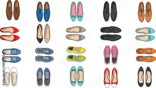 Colorful collection of hand drawn footwear icons featuring overhead views of various shoes like sneakers ballet flats loafers and casual sneakers on white