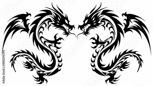Stunning black dragon tattoo design with symmetrical wings spread