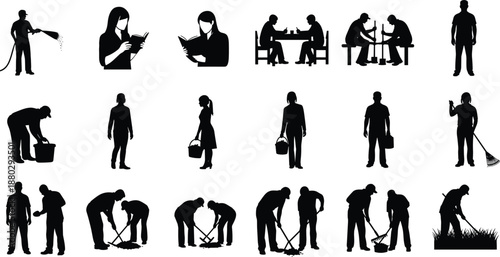 People Silhouette Collection Featuring Diverse Daily Life Activities Including Reading Gardening Cleaning Working and Farming for Lifestyle Community Service and Professional Labor Graphic Design