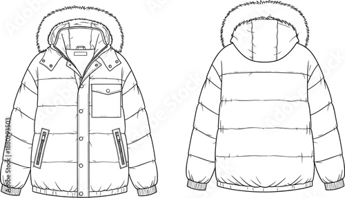 Technical Fashion Flat Sketch of Hooded Puffer Jacket with Faux Fur Trim Front and Back View for Apparel Design Template and Tech Pack Development
