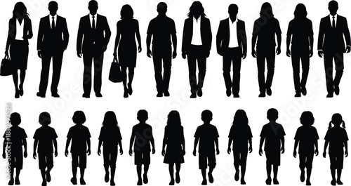 Professional Business People and Diverse Children Silhouette Collection Featuring Walking Men Women and Kids for Corporate Community Diversity Inclusion and Educational Graphic Design Projects