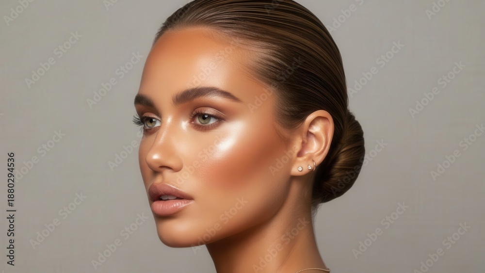 Naklejka premium A stunning portrait of a young woman with glowing skin and elegantly styled hair showcasing modern beauty and sophistication