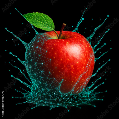 Red Apple with Cyan Digital Wireframe Mesh Splash