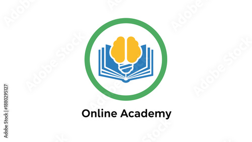 Online Academy Logo with Brain and Book Symbol.