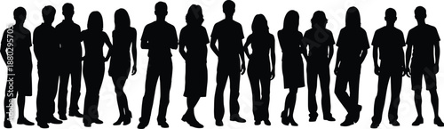 Black silhouette collection featuring a diverse group of men and women standing in a row for community unity teamwork and social demographic concepts.
