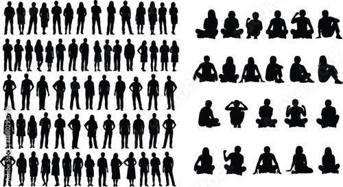 Large black silhouette collection featuring diverse people standing in rows and sitting in various poses for community demographics social unity and human resource design