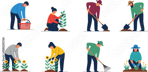 Diverse group of people gardening featuring flat vector illustrations of men and women planting flowers digging soil and raking leaves for backyard hobby designs.
