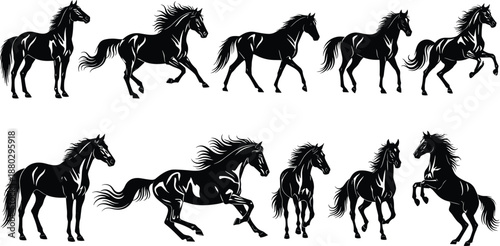 Black horse silhouette collection with running jumping and standing poses isolated on white background, equine animal set for farm logo equestrian sports and branding.