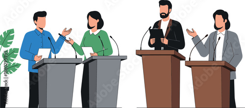 Business people debating at podium microphones, political discussion or public speech concept, professional flat character vector illustration
