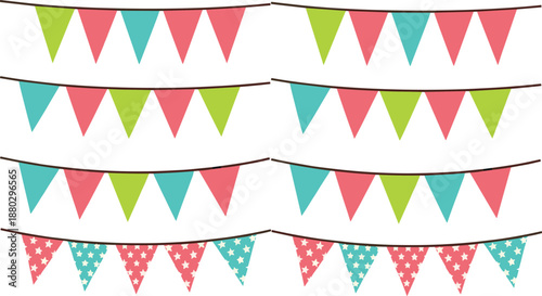 Colorful festive bunting flags and pennant garland set for party decoration, celebration banner flat vector illustration