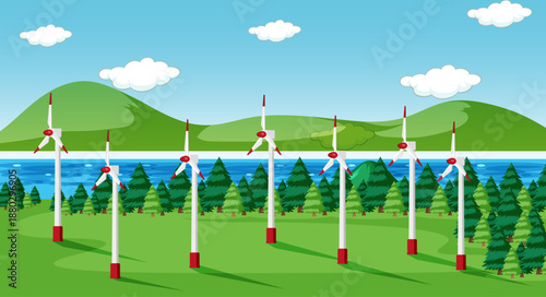 Wind farm in green fields among trees
